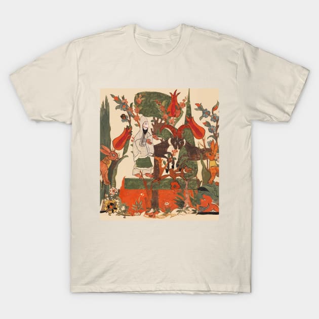 FOREST ANIMALS ,BATTLING RAMS, RED FOX, RABBITS AND ASCETIC AMONG TULIPS ,FLOWERS, GREEN LEAVES T-Shirt by BulganLumini